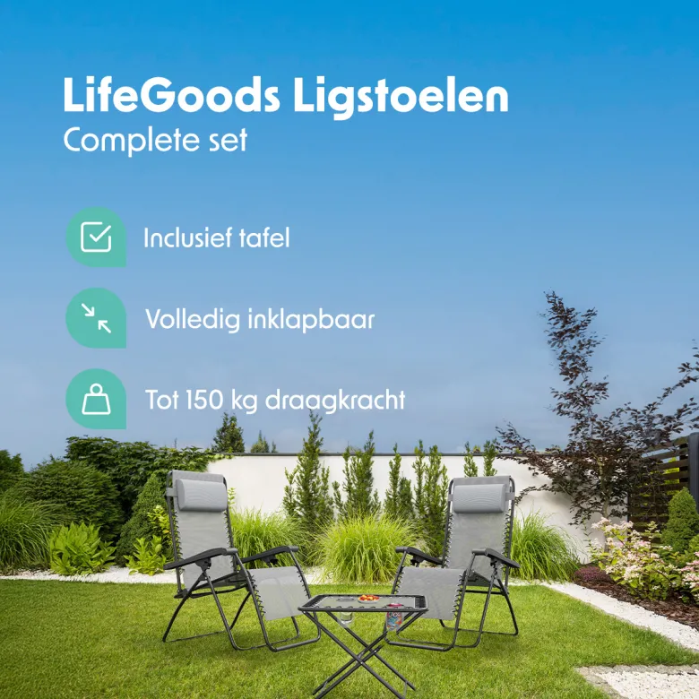 LifeGoods set van 2 relaxstoelen met tafel - Grey