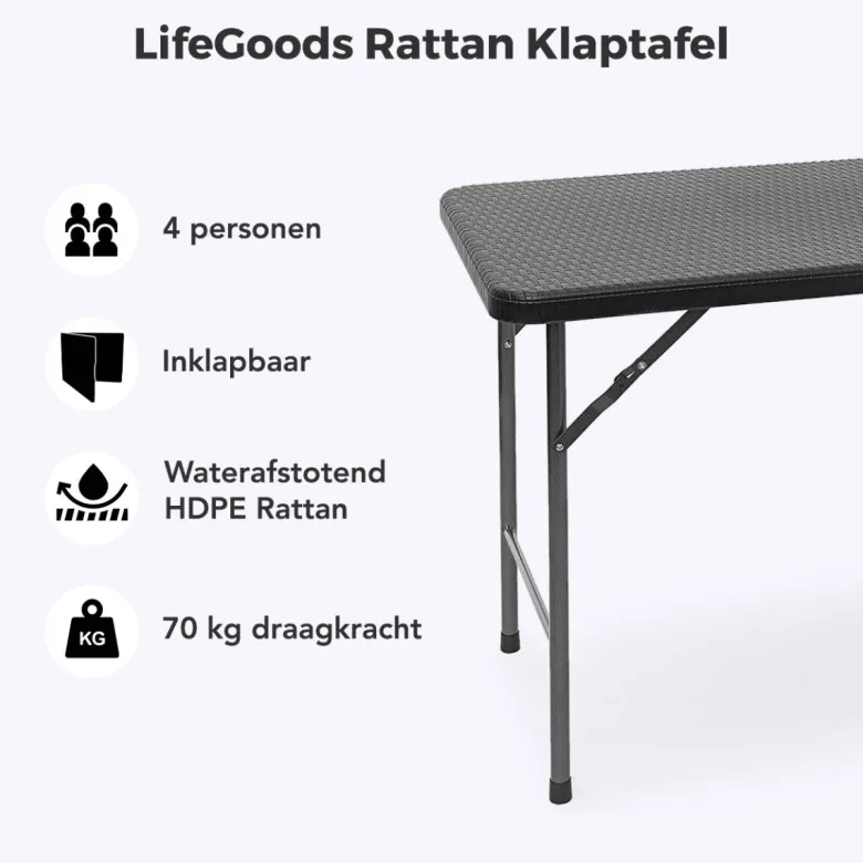 LifeGoods 120x60 cm Inklapbare vouwbare tafel - Black