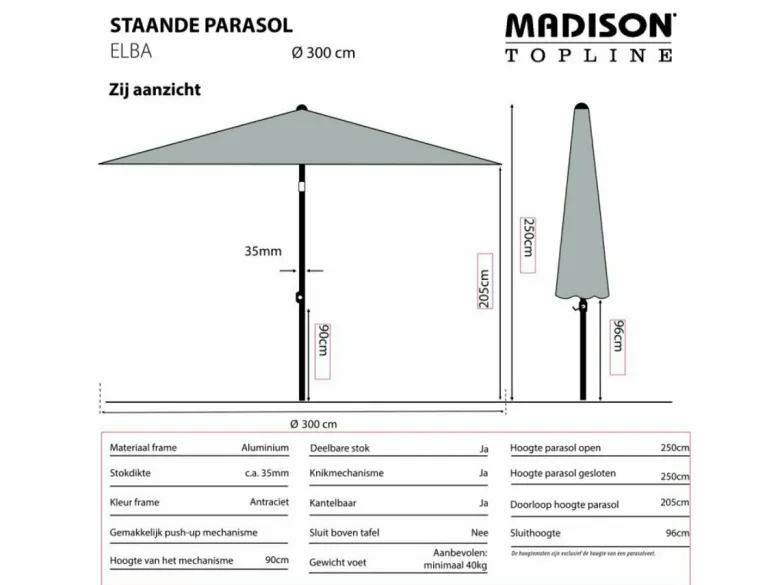Madison Elba 300 cm push-up parasol - Grey