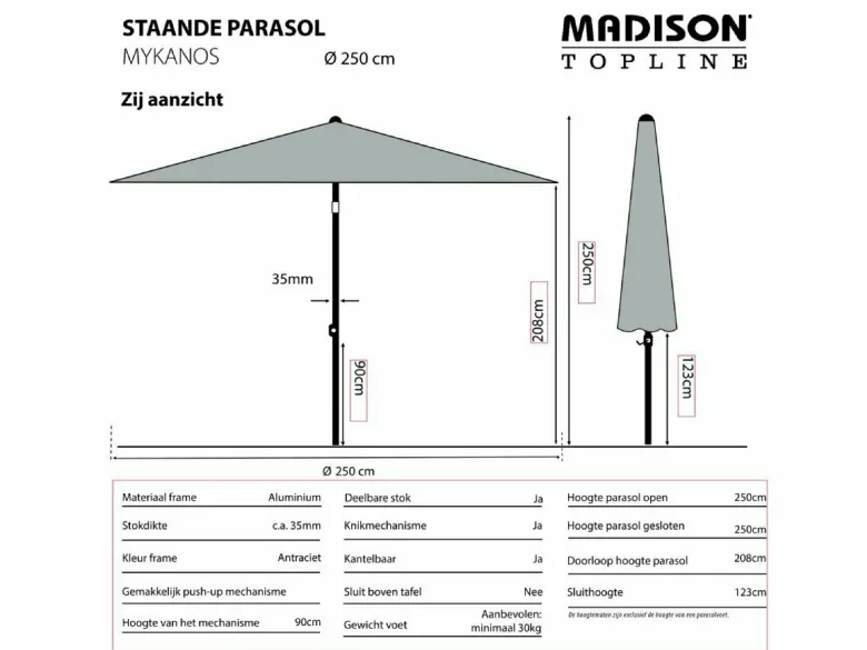 Madison Mykanos 250 cm push-up parasol - Ecru