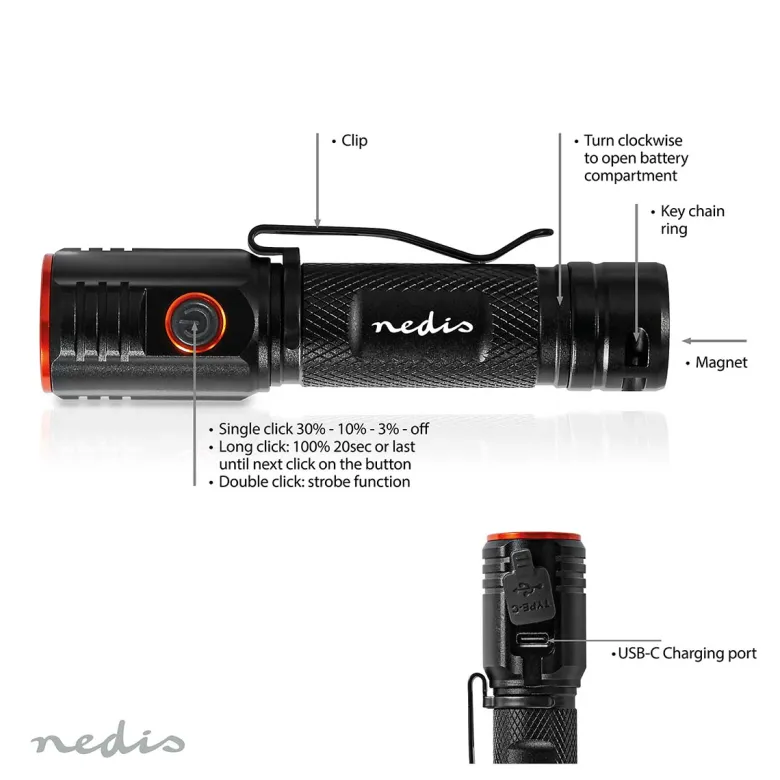 Nedis LTRR20WBK LED-Zaklamp - Zwart