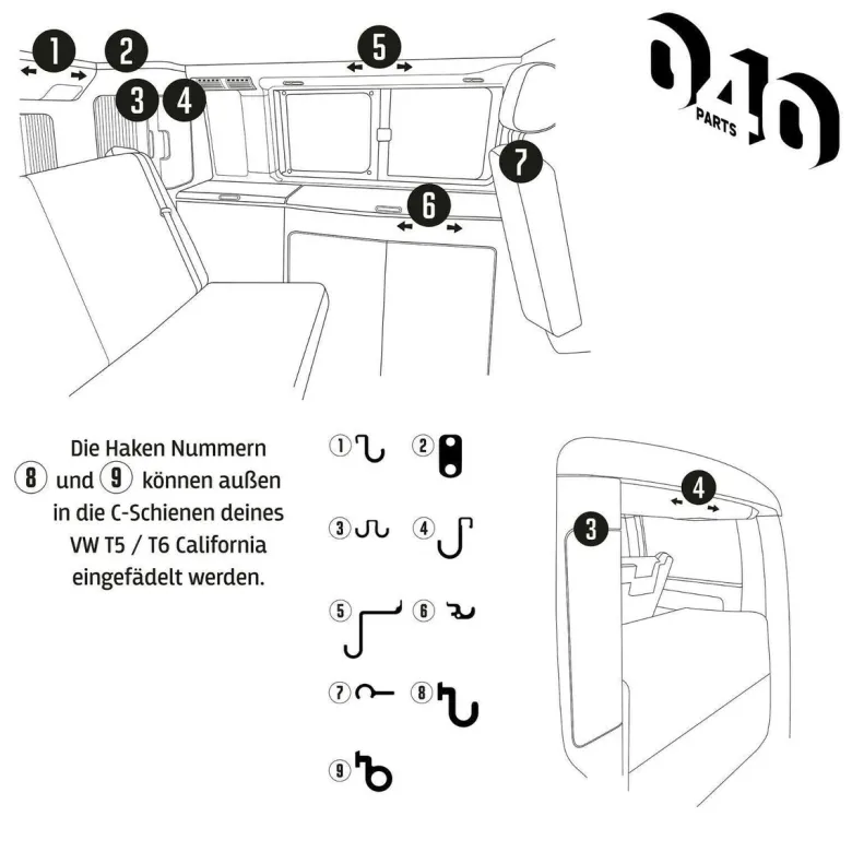 040Parts 10-delige hakenset - VW California T5 T6