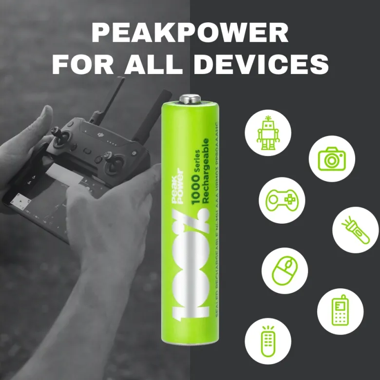 100%PeakPower set van 8 AAA Oplaadbare batterijen
