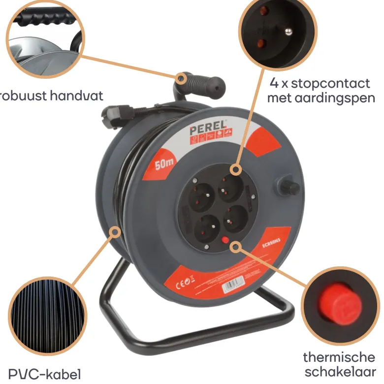 Perel ECR50N3 4-voudige kabelhaspel - 50 meter