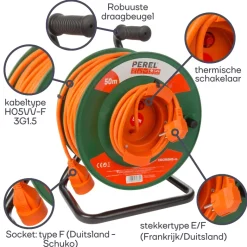 Perel EGCR50N2-G 1-voudige kabelhaspel - 50 meter