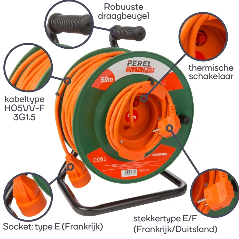 Perel EGCR50N2 1-voudige kabelhaspel - 50 meter