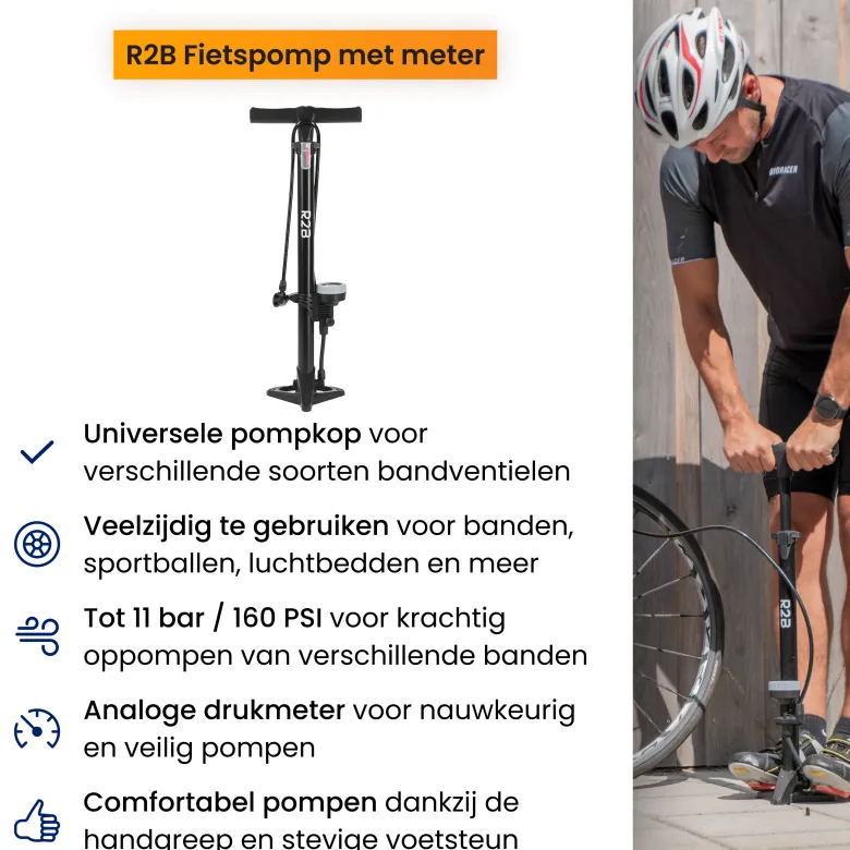 R2B fietspomp met drukmeter - dubbele ventielkop