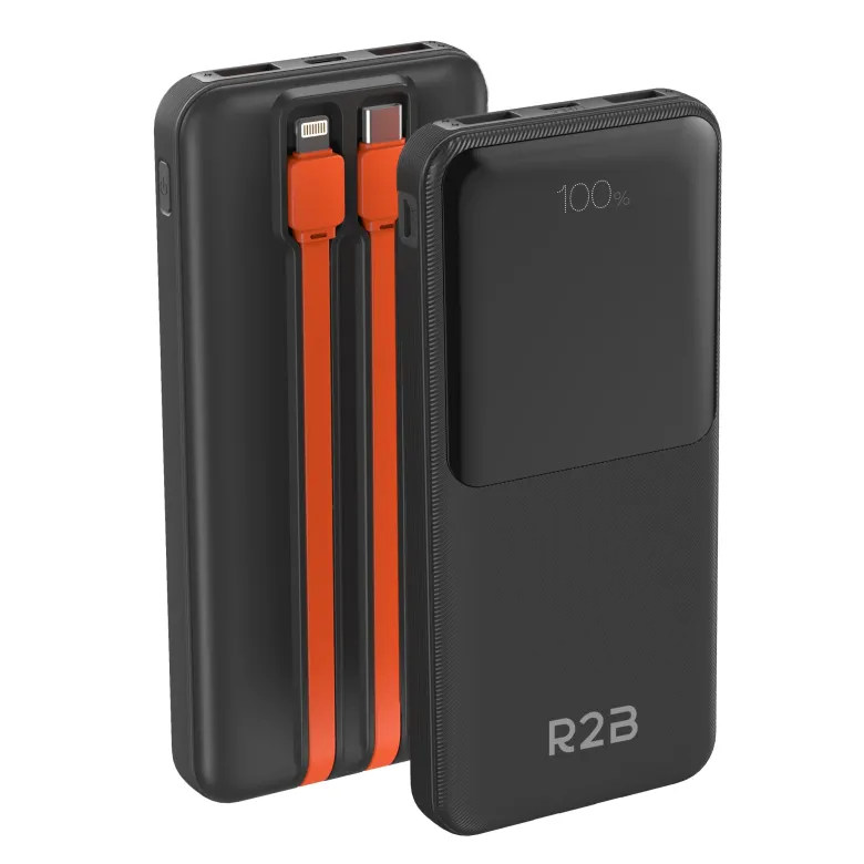 R2B 10000 mAh powerbank met ingebouwde kabels