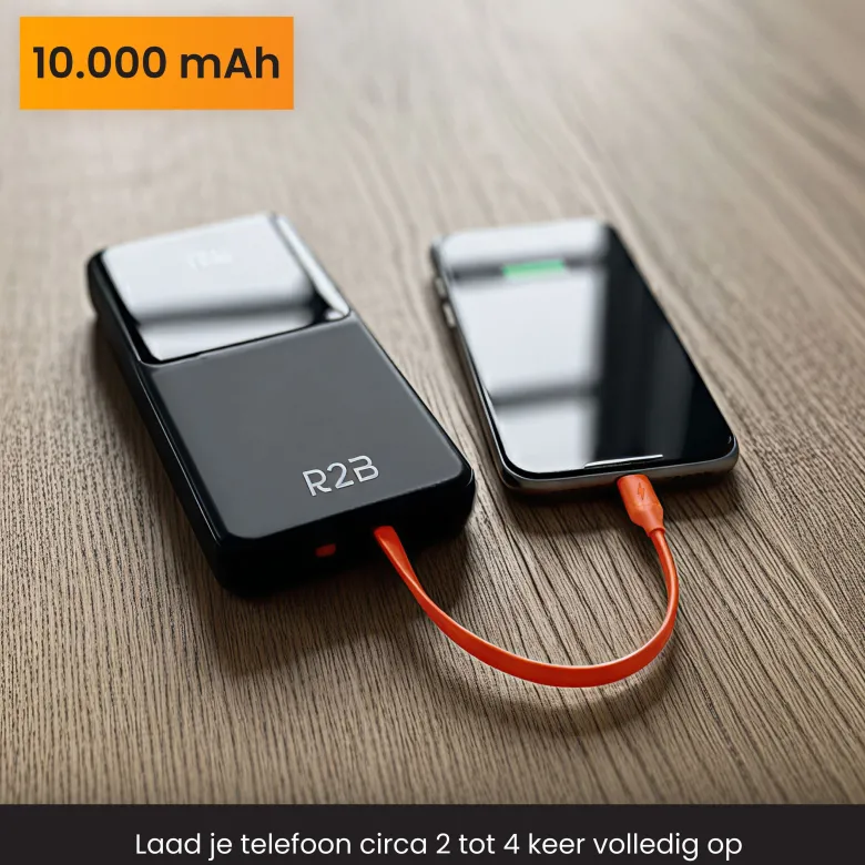 R2B 10000 mAh powerbank met ingebouwde kabels