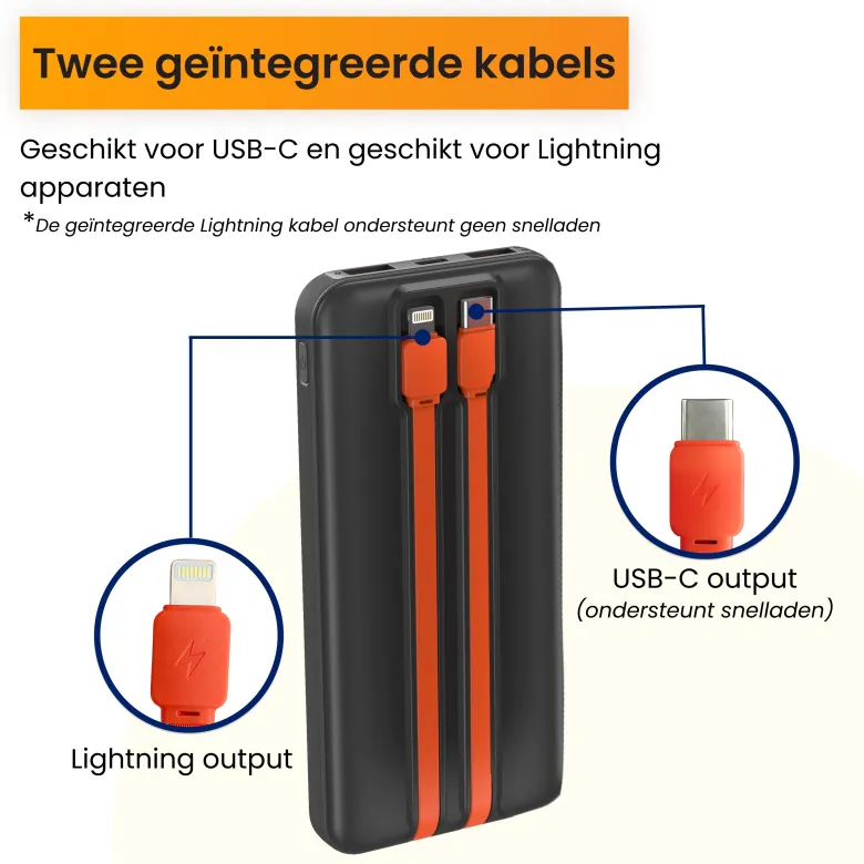 R2B 10000 mAh powerbank met ingebouwde kabels