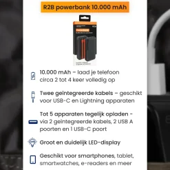 R2B 10000 mAh powerbank met ingebouwde kabels