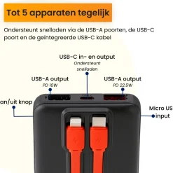 R2B 10000 mAh powerbank met ingebouwde kabels