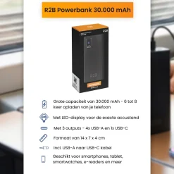 R2B 30000 mah Snellader Powerbank met LED Display