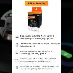 R2B 20W USB-C & USB-A autolader - Black