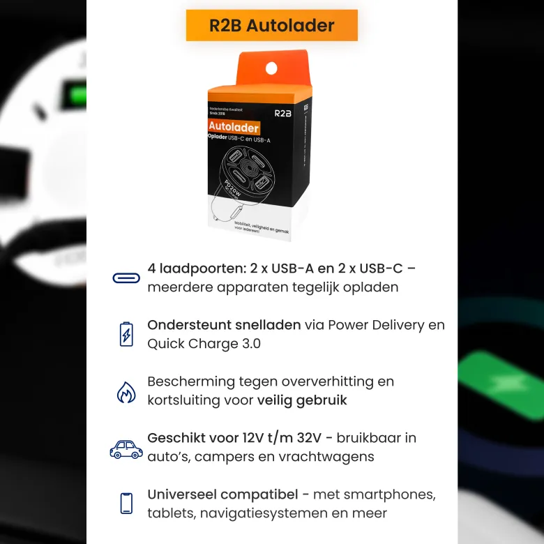 R2B 20W USB-C & USB-A autolader - White