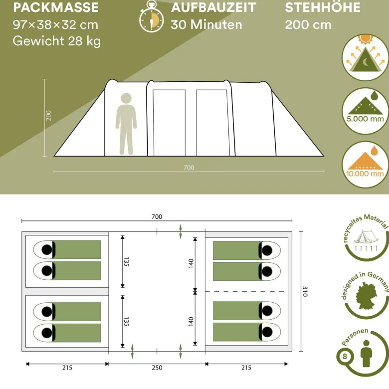 Skandika Montana 8 Sleeper blauwe Tunneltent