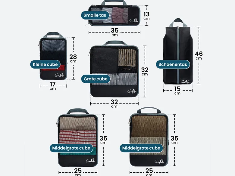 Sunflake Packing Cubes met Compressie Rits - 6 Delig - Mesh