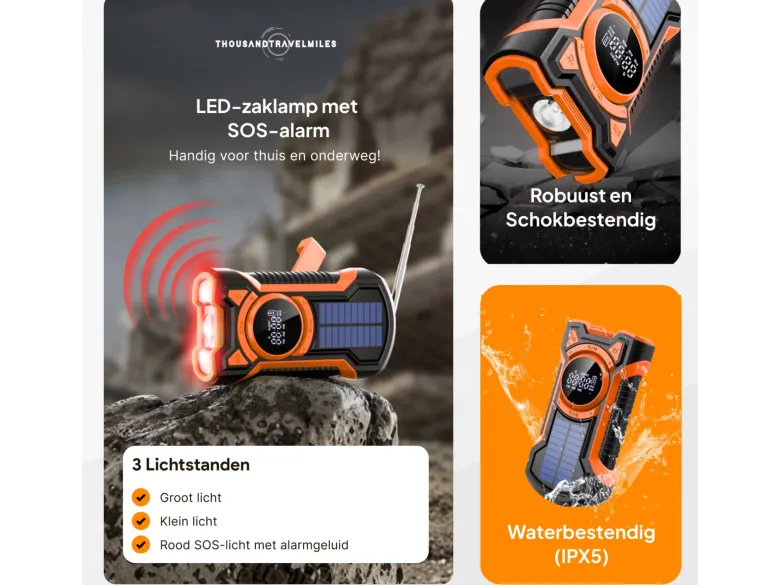 Thousandtravelmiles Noodradio met powerbank - Orange