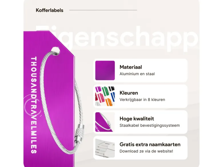 Thousandtravelmiles set van 4 Aluminium Bagagelabels - Purple