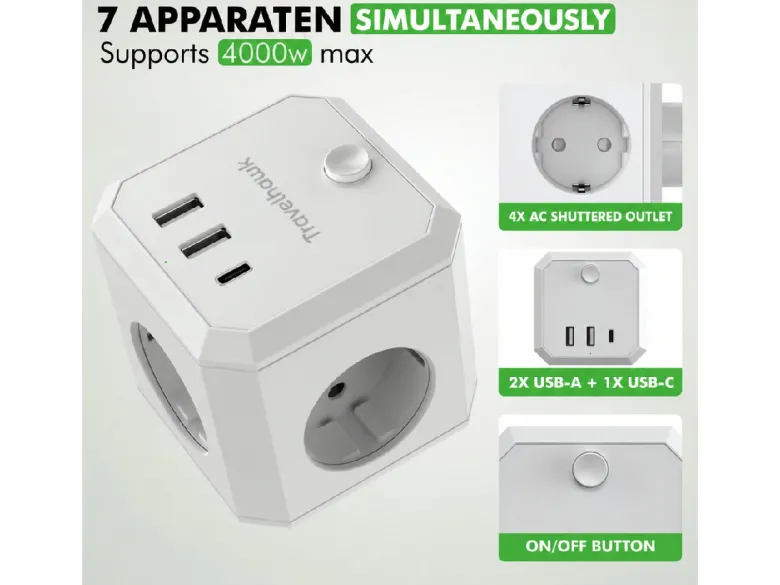 Travelhawk 7-in-1 USB verdeelstekker - White