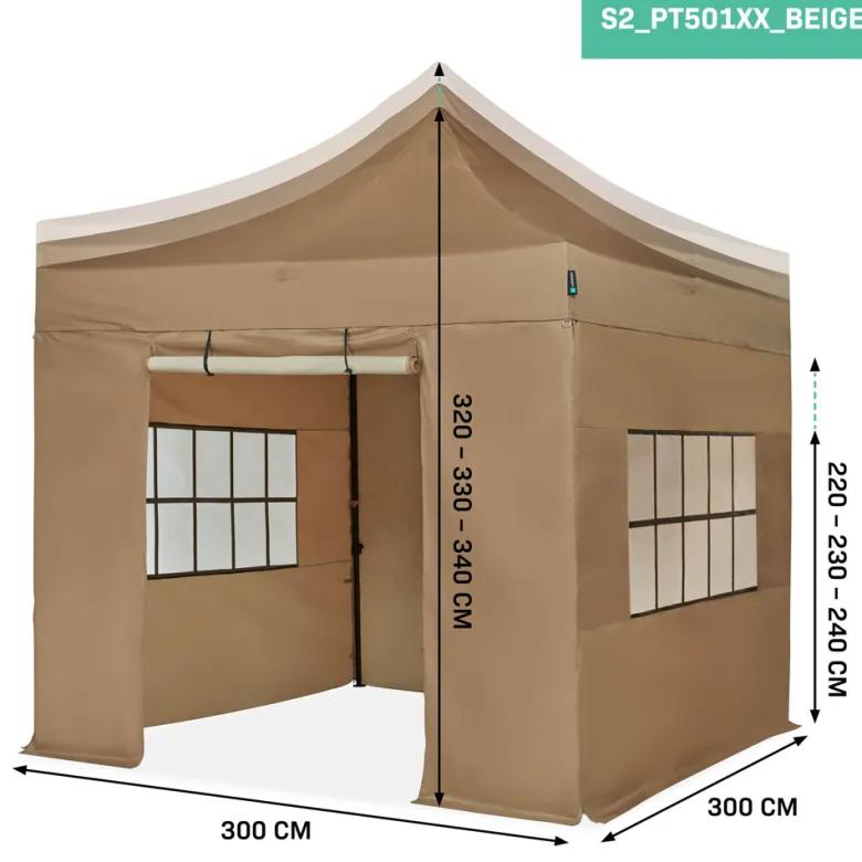 VONROC Premium 3 x 3 Easy-Up partytent met zijwanden - Beige